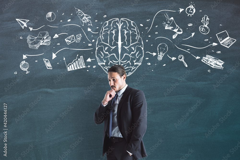 Poster Creation of idea and brainstorming concept with pensive businessman at light wall with sketch of brain and business icons background
