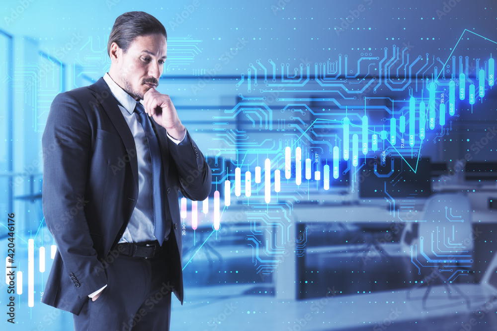 Poster algorithmic financial and trading concept with pensive businessman and digital screen with financial