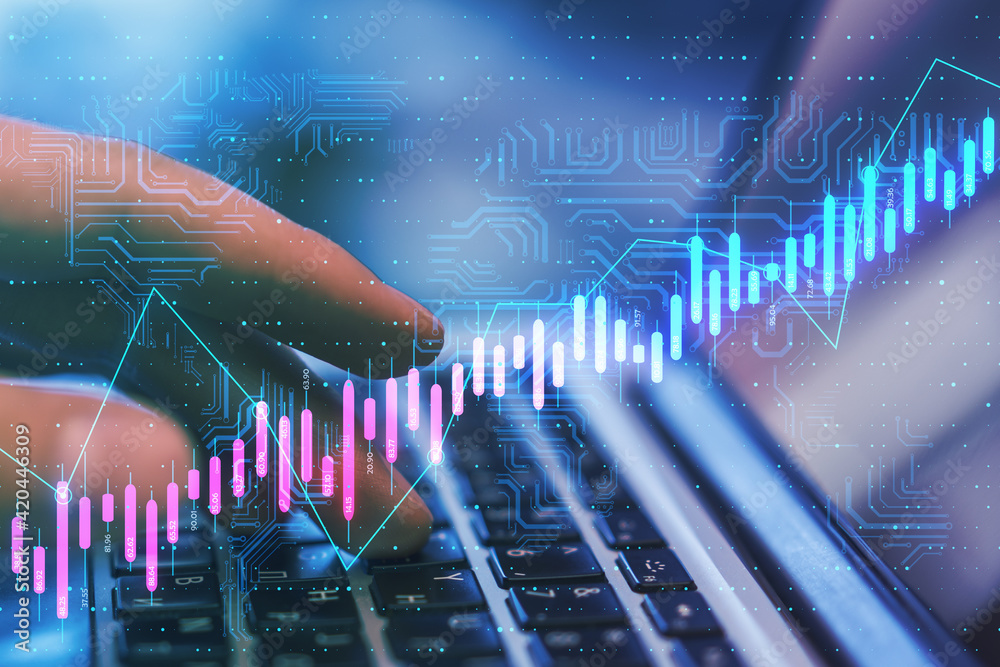 Poster Algorithmic trading concept with virtual screen with growing stock market candlestick and circuit at laptop with hands background