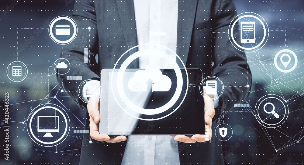 Poster cloud storage technology concept with businessman shows digital tablet display and digital cloud ico