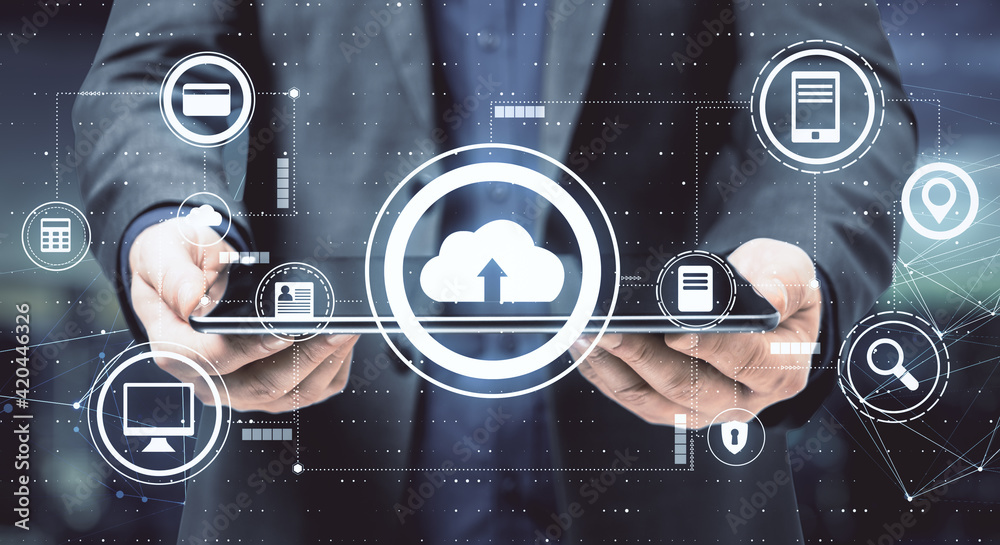 Poster cloud exchange service concept with digital internet icons on businessman with digital tablet backgr