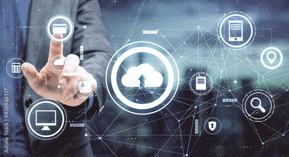 Aufkleber data storage concept with businessman pushes button on touch screen with cloud service icons