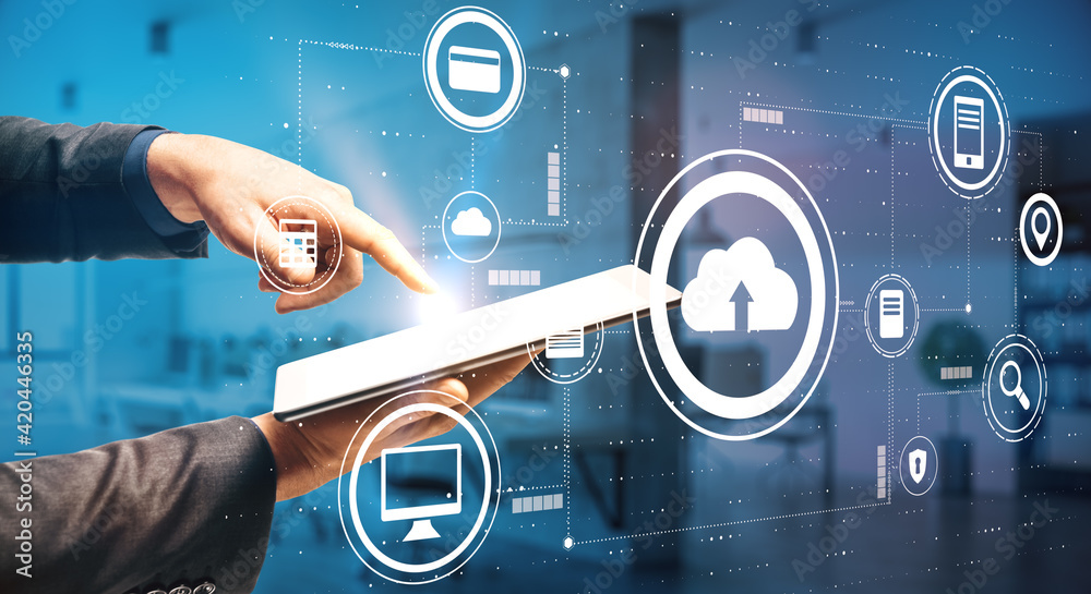 Poster Smart technology and data storage concept with man hand touching digital tablet screen connected virtually with cloud service icons