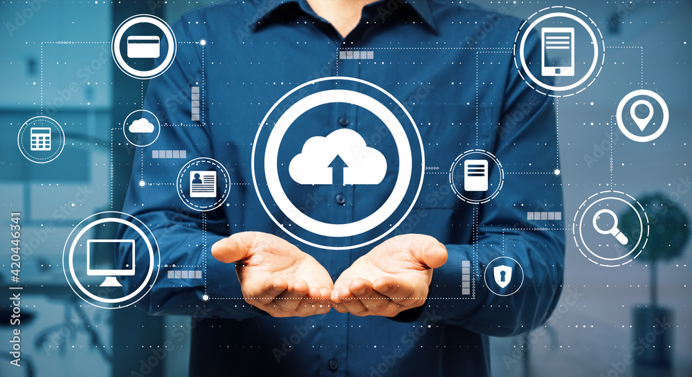 Poster data exchange concept with virtual cloud service buttons over man palms