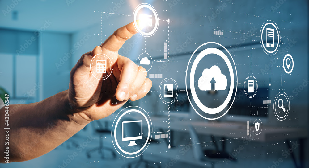 Poster Cloud technology concept with man finger pushes touch screen with internet network icons