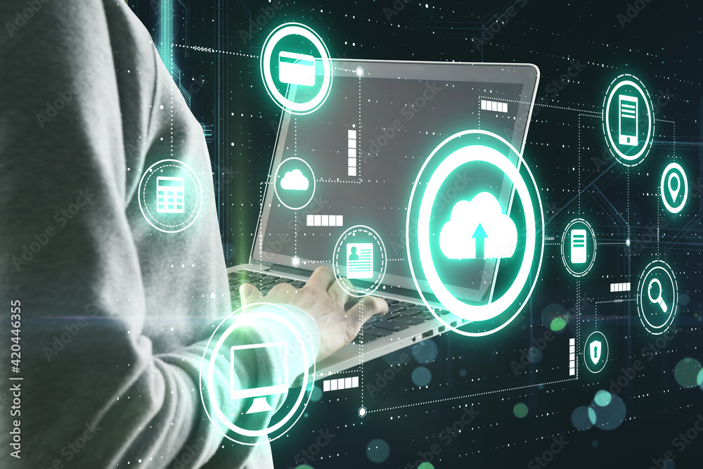 Fototapete data storage protection with human hacking computer system by laptop and virtual cloud service icons