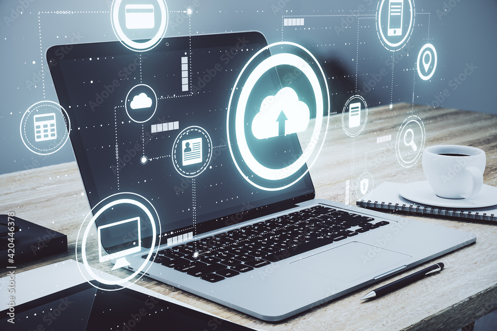 Poster Cloud service technology concept with digital data storage icons and opened laptop with coffee cup on background