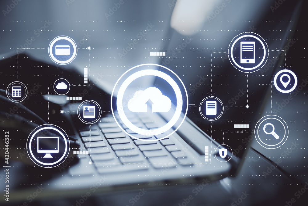 Poster Data transfer technology concept with virtual cloud service icons and hands on laptop keyboard