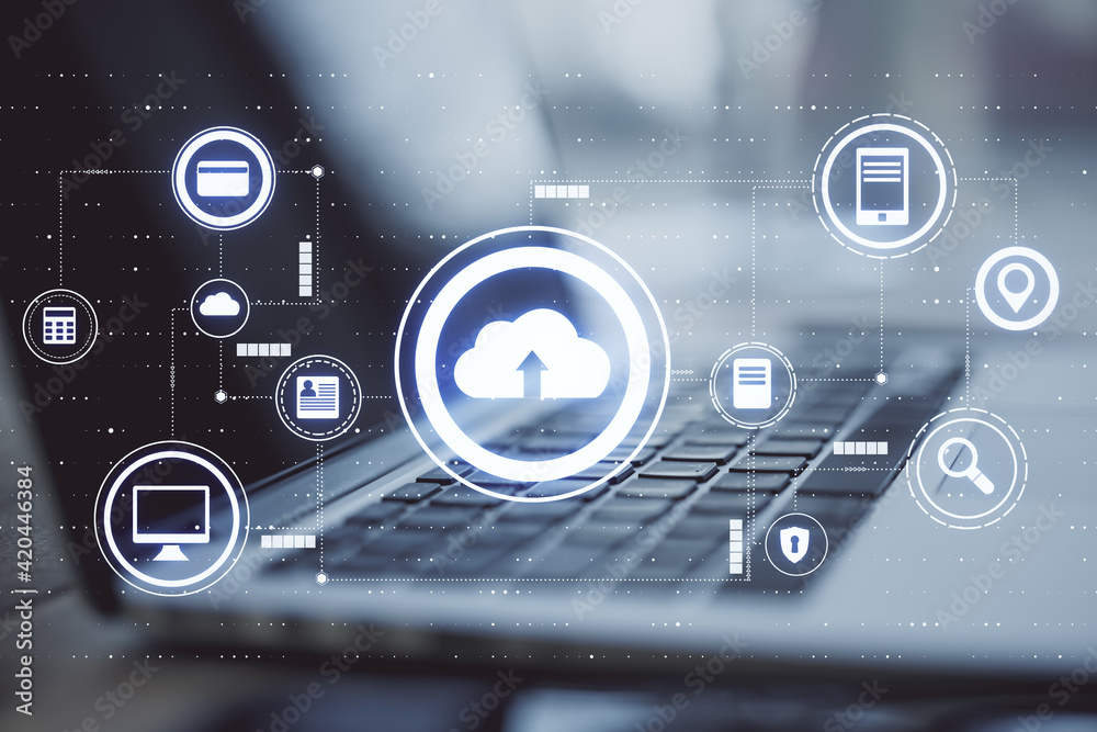 Poster cloud exchange service concept with digital data icons on laptop background