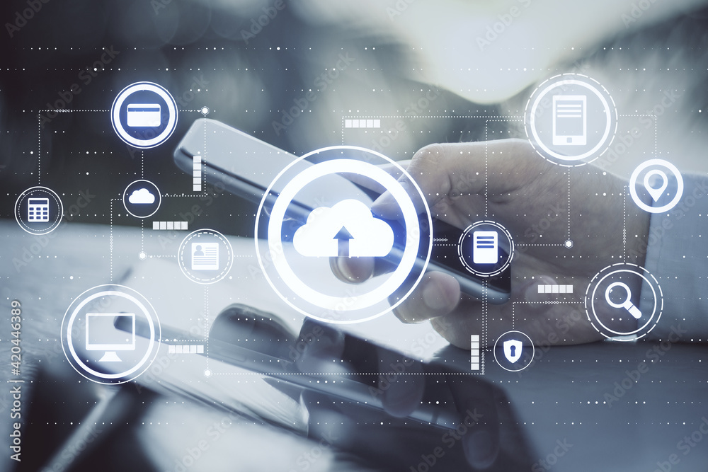 Poster Cloud technology concept with man using smartphone and virtual screen with internet network icons
