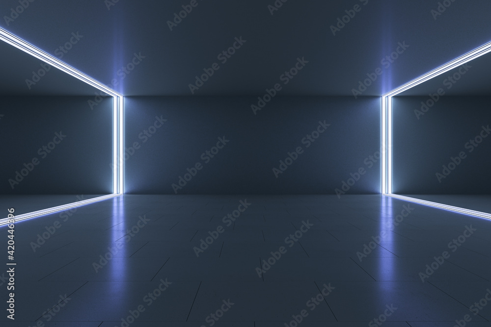 Poster empty futuristic room with dark walls with copyspace, floor and led lights on the corners