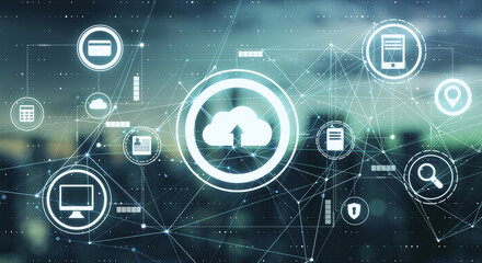 Cloud technology concept with internet network icons connected by lines on digital screen at abstract city background
