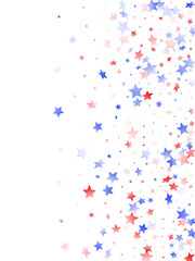 Flying red blue white star sparkles on white vector american patriotic background.