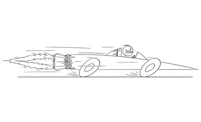 Man or Businessman Driving Superfast Rocket Car, Vector Cartoon Stick Figure Illustration
