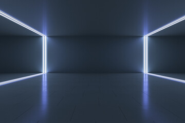 Empty futuristic room with dark walls with copyspace, floor and led lights on the corners