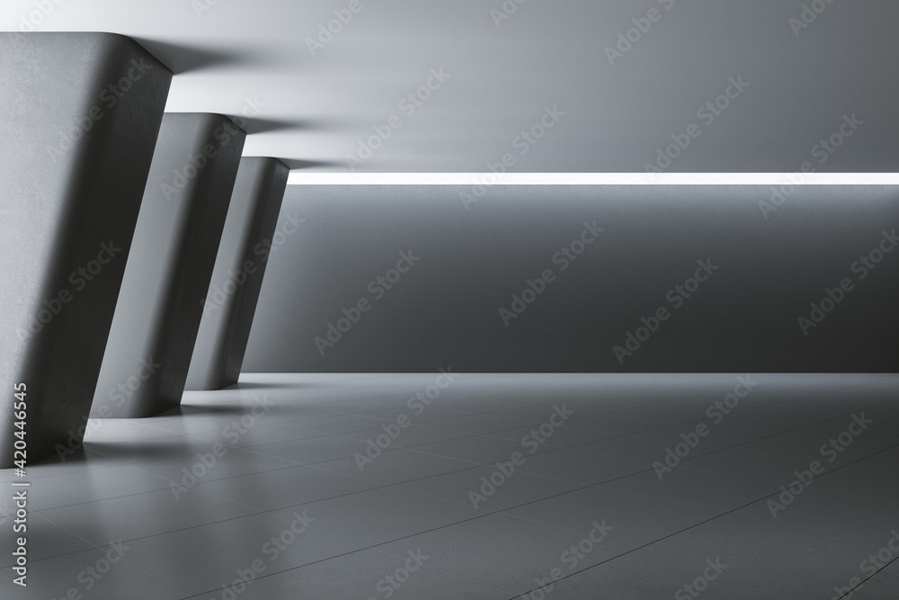 Poster monochrome style spacious empty presentation hall with blank grey wall, dark ceramic tiles floor and