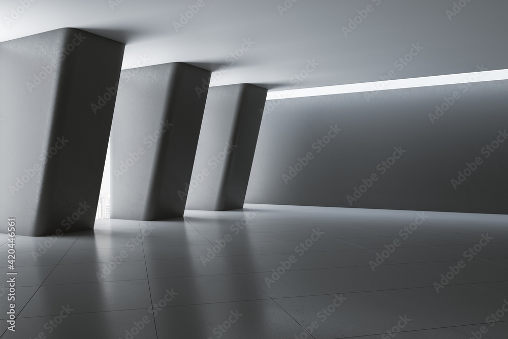 Poster dark wall with copyspace in stylish empty gallery hall with huge columns and gloosy tiles floor. moc