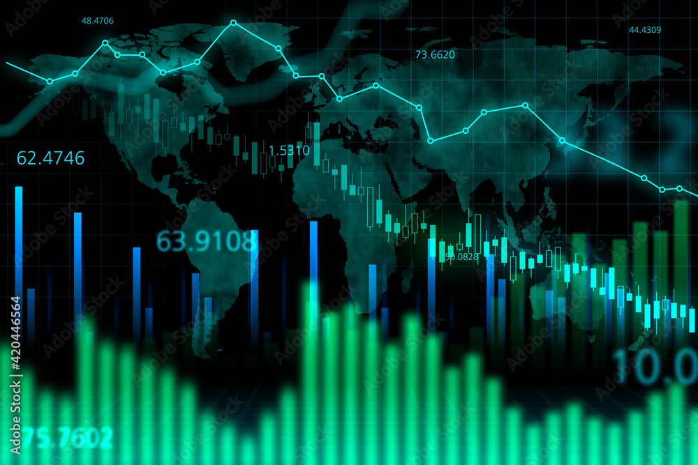 Poster crisis concept with falling down stock market graphs and diagram at world map background