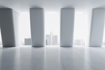 City view skyscrapers from empty futuristic design hall with big columns and light floor