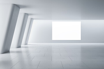 Blank white poster on light wall in modern empty spacious gallery hall with huge columns and ceramic tiles floor. Mockup