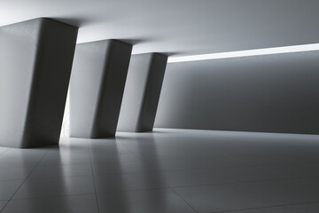 Dark wall with copyspace in stylish empty gallery hall with huge columns and gloosy tiles floor....