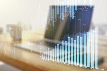 Multi exposure of abstract financial diagram and modern desk with computer on background, banking and accounting concept