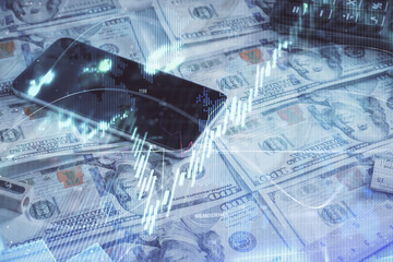 Double exposure of forex graph drawing over us dollars bill background. Concept of financial markets.