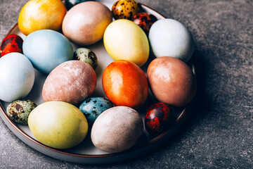 Homemade naturally dyed eggs in pastel colors