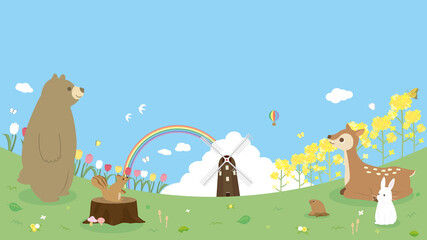 Fototapeta premium 春 自然 動物 カード 風景 背景 イラスト素材
