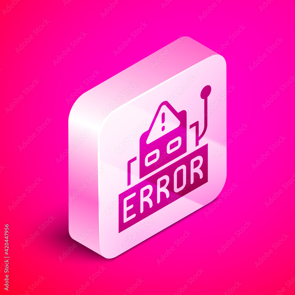 Poster isometric error in the operation program of the robot icon isolated on pink background. a broken chi