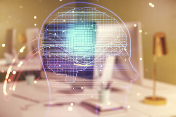 Double exposure of creative human head microcircuit with computer on background. Future technology and AI concept