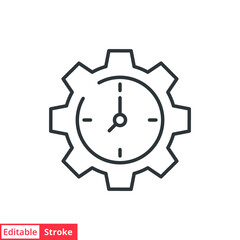 Gear with time line icon. Symple outline style. Cogwheel clock dial, development process logo, 24 hours concept symbol design. Vector illustration isolated on white background. Editable stroke EPS 10.
