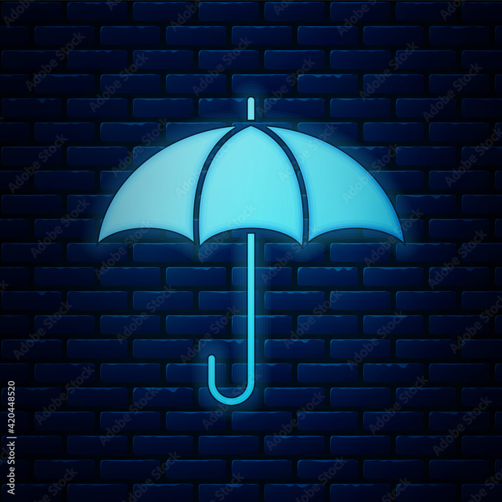 Sticker Glowing neon Umbrella icon isolated on brick wall background. Insurance concept. Waterproof icon. Protection, safety, security concept. Vector