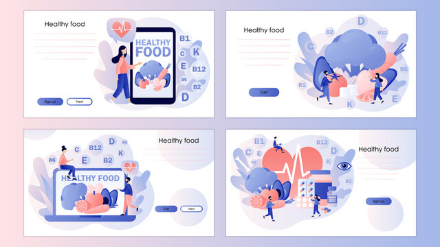 Healthy food concept. Tiny people consume healthy organic nutrition with vitamins. Screen template for mobile smart phone, landing page, template, ui, web, mobile app, poster, banner, flyer. Vector 