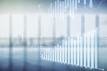 Multi exposure of virtual abstract financial diagram on abstract empty interior background, banking and accounting concept