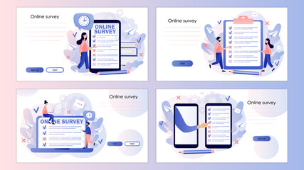 Online survey concept. Tiny people filling online survey form. Feedback service. Screen template for mobile smart phone, landing page, template, ui, web, mobile app, poster, banner, flyer. Vector 