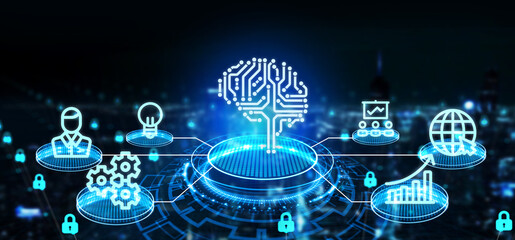 Artificial intelligence (AI), machine learning and modern computer technologies concepts. Business, Technology, Internet and network concept.