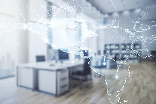 Double exposure of abstract digital world map hologram with connections on modern corporate office background, research and strategy concept
