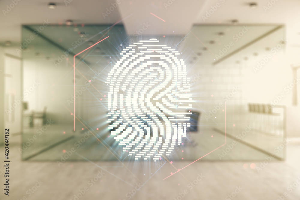 Poster multi exposure of virtual abstract fingerprint illustration on a modern furnished office background,