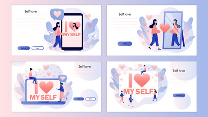 Love yourself. Love your body. I love myself - big text. Bodypositive concept. Screen template for mobile smart phone, landing page, template, ui, web, mobile app, poster, banner, flyer. Vector 