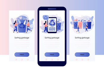 Recycling garbage. Tiny people sorting garbage waste in containers for recycling and reuse. Zero waste concept. Screen template for mobile smart phone. Modern flat cartoon style. Vector illustration