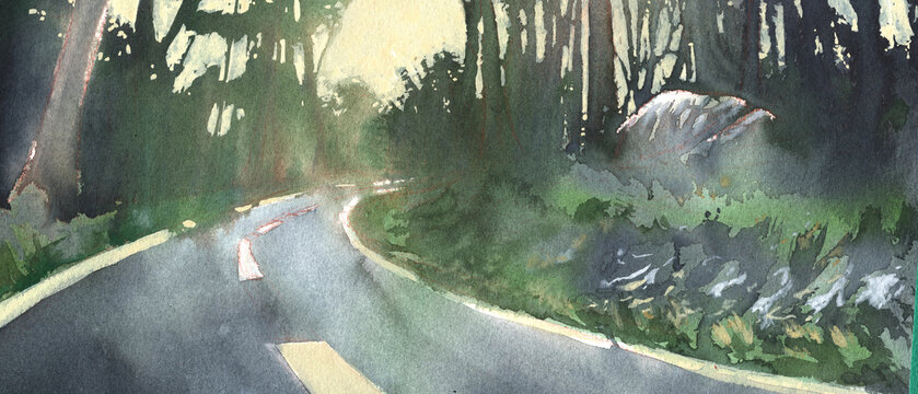 Watercolor Landscape, Mountain Road. Switchbacks And Curves. Asphalt. Forest. Background For Traditional Animation