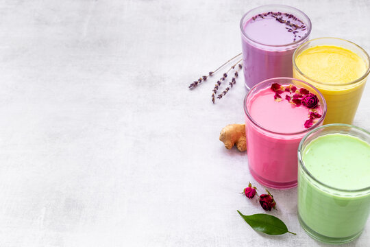 Set of turmeric rose and matcha milk latte coffee or tea