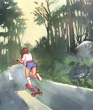 vintage lifestyle. downhill longboarding. Skater girl. mountain road. the nineties.  watercolor illustration.