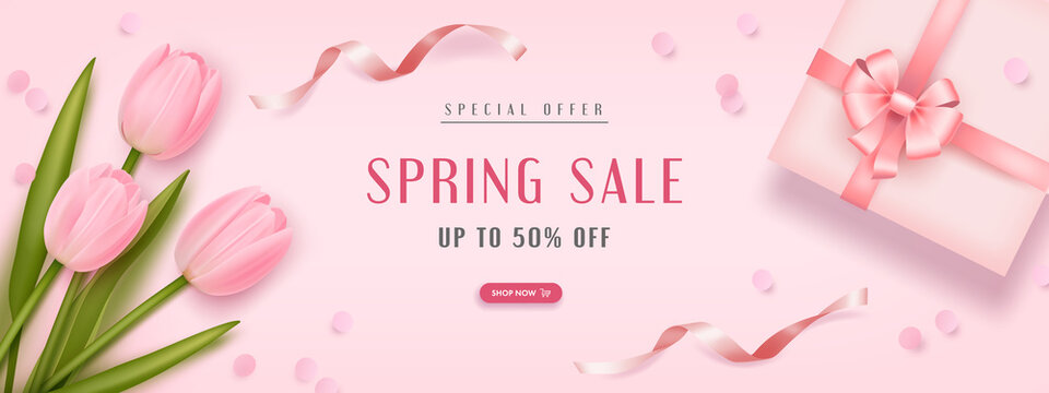 Spring special offer vector banner background with spring season sale text, tulip flowes and gift box. Can be used for banners, wallpaper, flyers, voucher discount. Vector illustration
