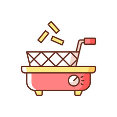 Deep fryer RGB color icon. Preparing french fries. Cooking junk food. Household electric utensil. Tabletop basket with fried potatoes. Small kitchen appliance. Isolated vector illustration