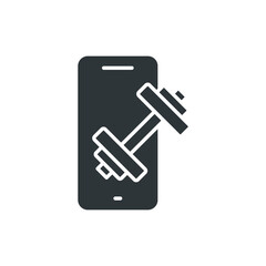 Online fitness glyph icon. Simple solid style. Mobile trainer, phone with dumbbell, home workout, online training class, sport physical exercise. Vector illustration isolated. EPS 10.