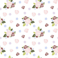 Modern abstract flat roses and leaves seamless vector background. Floral silhouettes. Flower pattern.
