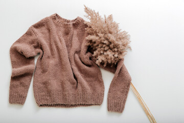Warm stylish homewear winter spring outfit brown warm knitted sweater with cortaderia branch flower pampas grass. Cashmere sweater fly on white. Knitted soft beige sweater with reed branch.