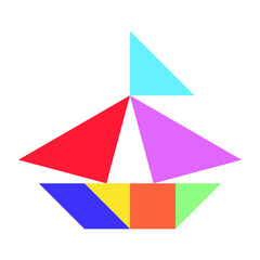 Color tangram puzzle in sailing boat shape on white background